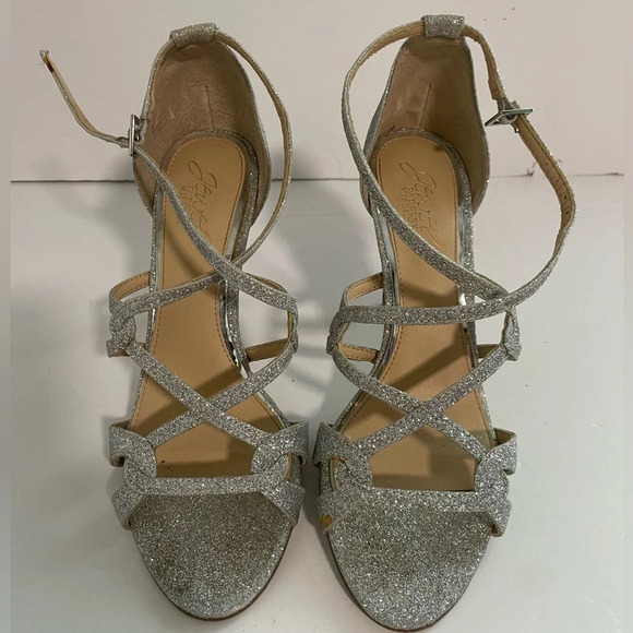 Jewel Badgley Mischka Silver Glitter Strappy Heels - Size 7.5 - Picture 2 of 11